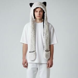 Elysiumland Faux Fur Ears Hood Hat with Long Pocketed Sides, Size OS, White Wolf